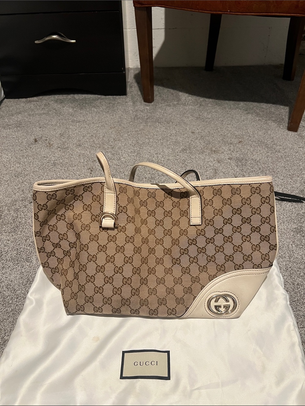 Gucci Beige GG Canvas Tote with Cream Leather Trim